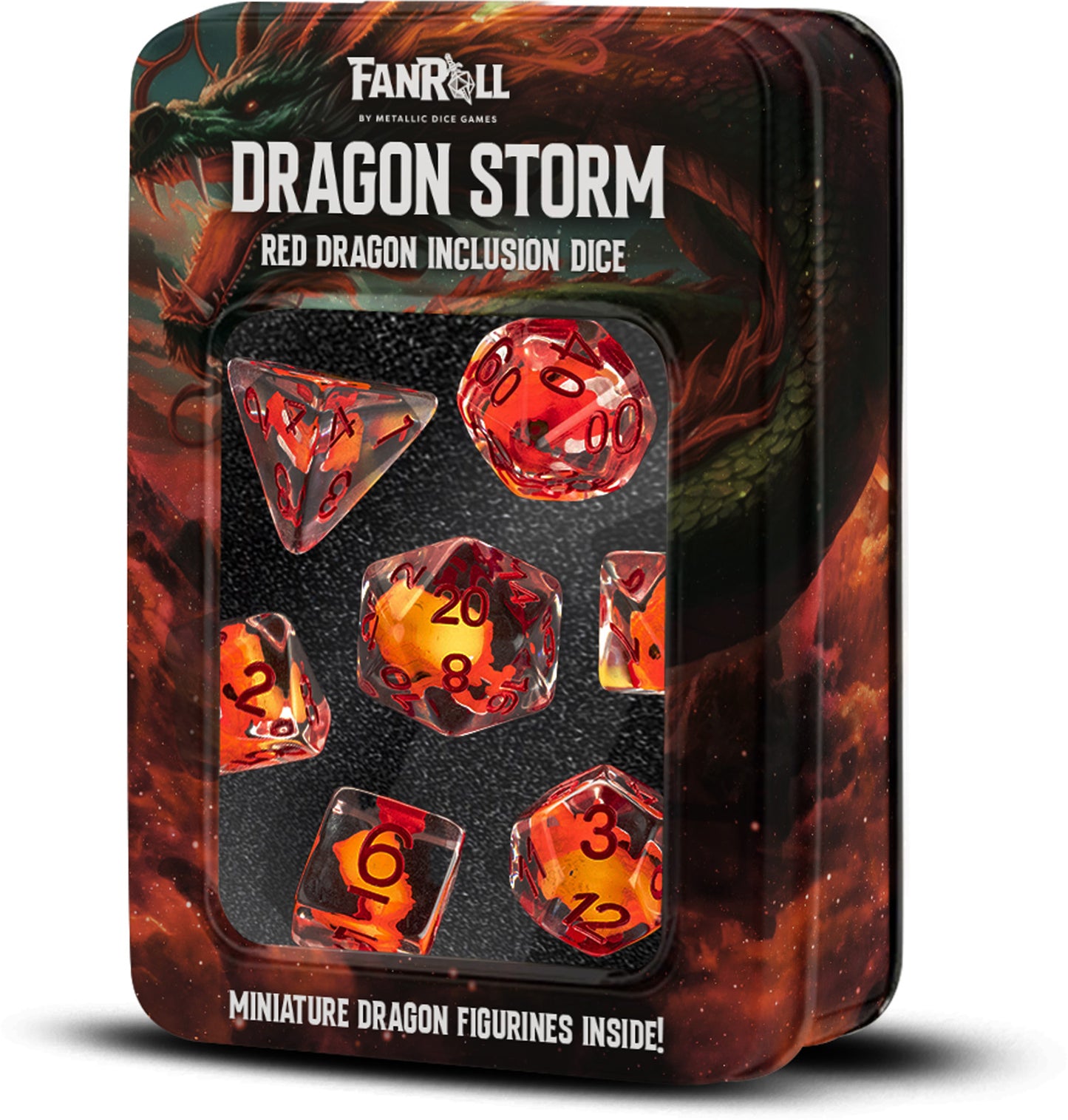 MDG Resin 16mm Poly Dice Set - Dragon Storm Inclusion Resin Red Drago