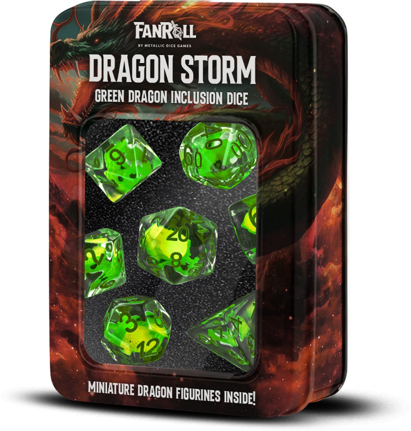MDG Resin 16mm Poly Dice Set - Dragon Storm Inclusion Resin Green Dragon