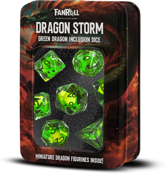 MDG Resin 16mm Poly Dice Set - Dragon Storm Inclusion Resin Green Dragon